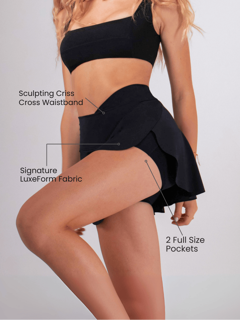 Women's Athletic Skort with Built-In Shorts & Pockets - Black | LuxeForm Criss-Cross Waist